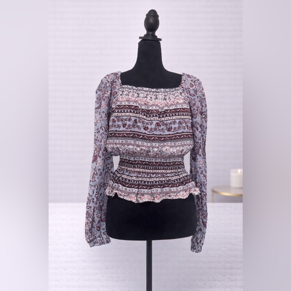 NWT - Boho Floral Peplum Top | Square Neck Long Sleeve | Size M
